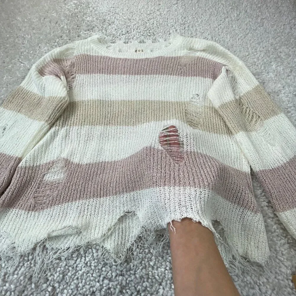 POL White Multi Stripe Distressed Sweater Womens Small NEW